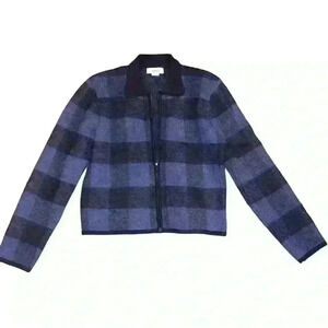 Jones New York periwinkle blue purple black wool plaid zip front sweater jacket